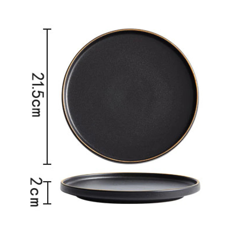 Frosted Black Ceramic Round Dinner Plate with Gold Border - Elegant Steak Plate for Hotel and Restaurant Tableware Set