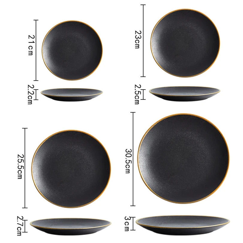 Frosted Black Ceramic Round Dinner Plate with Gold Border - Elegant Steak Plate for Hotel and Restaurant Tableware Set