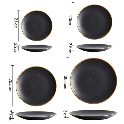Frosted Black Ceramic Round Dinner Plate with Gold Border - Elegant Steak Plate for Hotel and Restaurant Tableware Set