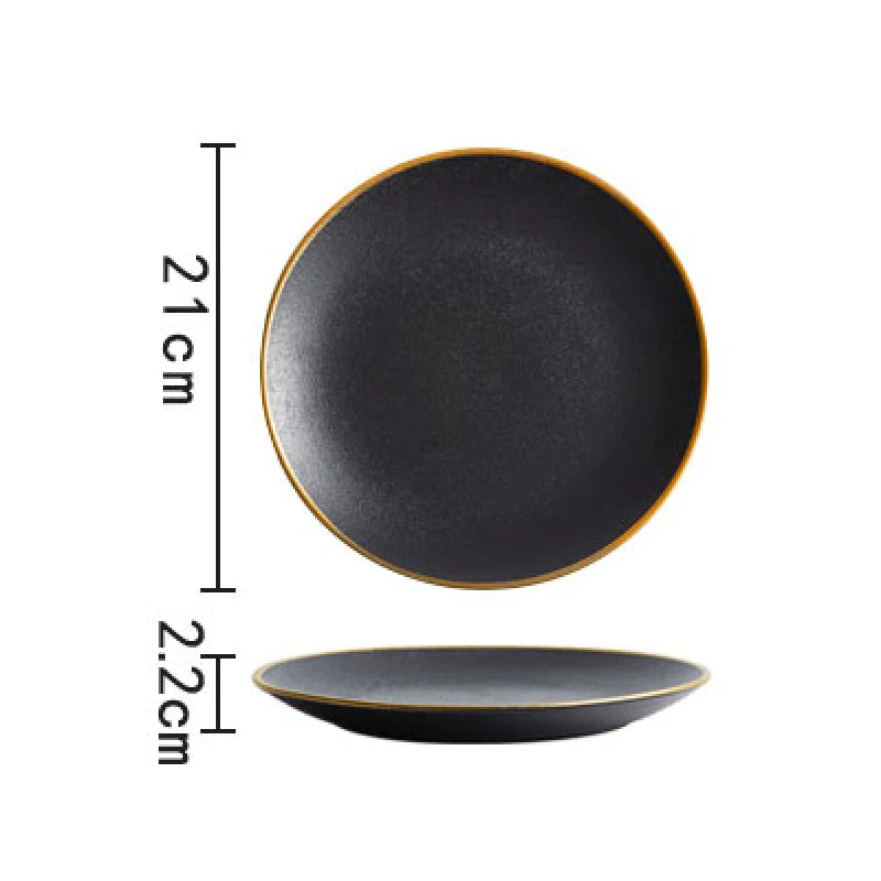Frosted Black Ceramic Round Dinner Plate with Gold Border - Elegant Steak Plate for Hotel and Restaurant Tableware Set