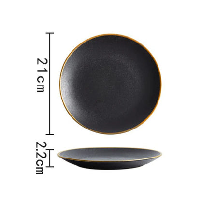 Frosted Black Ceramic Round Dinner Plate with Gold Border - Elegant Steak Plate for Hotel and Restaurant Tableware Set