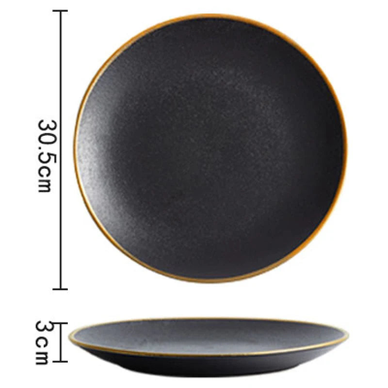 Frosted Black Ceramic Round Dinner Plate with Gold Border - Elegant Steak Plate for Hotel and Restaurant Tableware Set