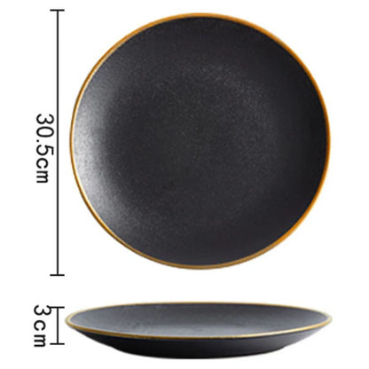 Frosted Black Ceramic Round Dinner Plate with Gold Border - Elegant Steak Plate for Hotel and Restaurant Tableware Set