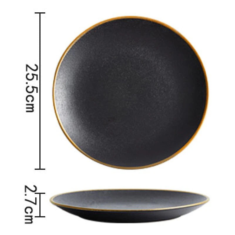 Frosted Black Ceramic Round Dinner Plate with Gold Border - Elegant Steak Plate for Hotel and Restaurant Tableware Set