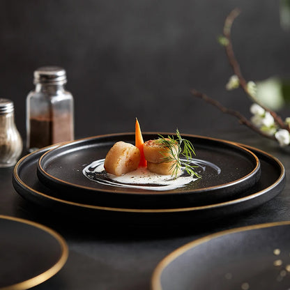 Frosted Black Ceramic Round Dinner Plate with Gold Border - Elegant Steak Plate for Hotel and Restaurant Tableware Set