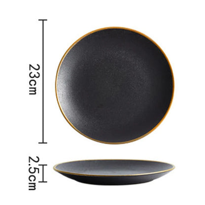 Frosted Black Ceramic Round Dinner Plate with Gold Border - Elegant Steak Plate for Hotel and Restaurant Tableware Set