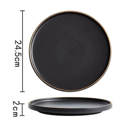 Frosted Black Ceramic Round Dinner Plate with Gold Border - Elegant Steak Plate for Hotel and Restaurant Tableware Set