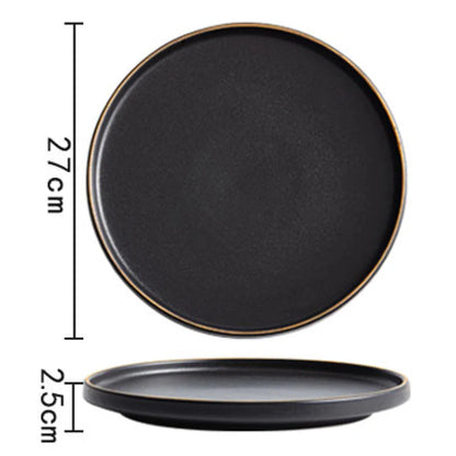 Frosted Black Ceramic Round Dinner Plate with Gold Border - Elegant Steak Plate for Hotel and Restaurant Tableware Set